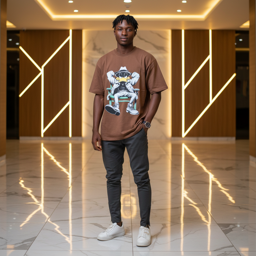 Brown Cool Duck Cartoon Graphic Oversized Tee – Model Shot