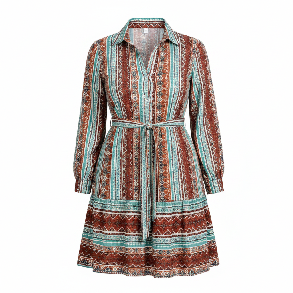 Boho Stripe Shirt Dress – Brown & Teal – Ghost Mannequin
