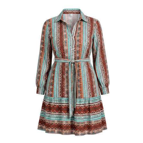 Boho Stripe Shirt Dress – Brown & Teal – Ghost Mannequin