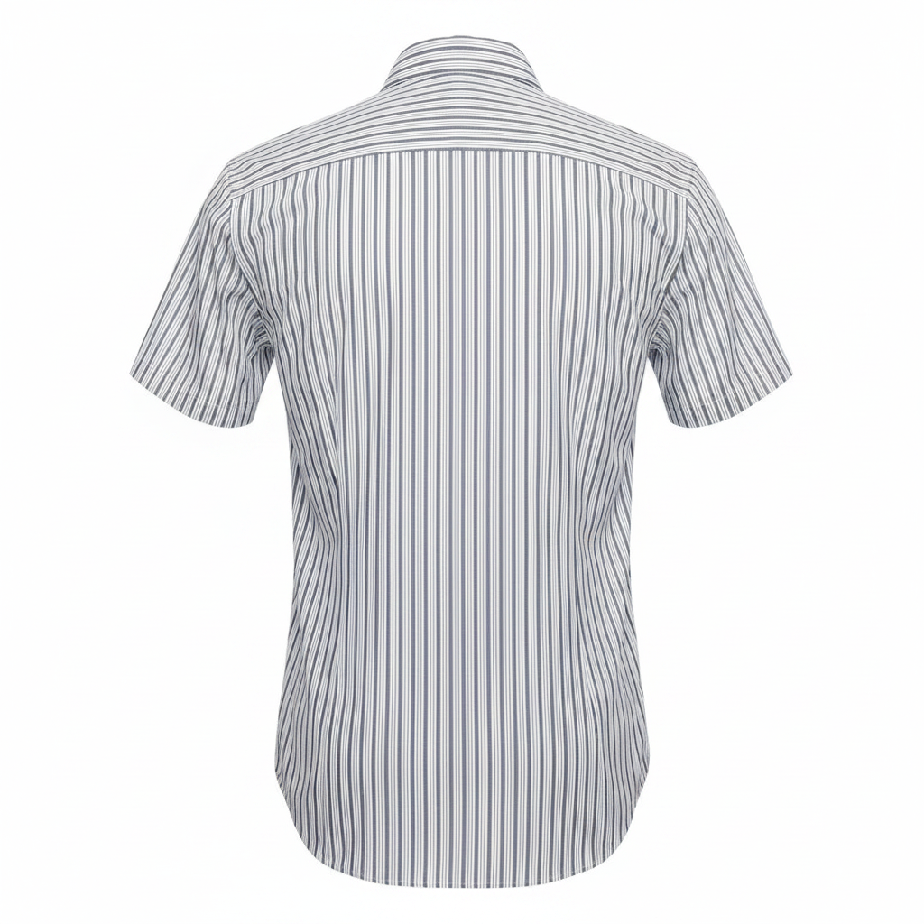 Ghost mannequin back view of white grey pinstripe short-sleeved shirt