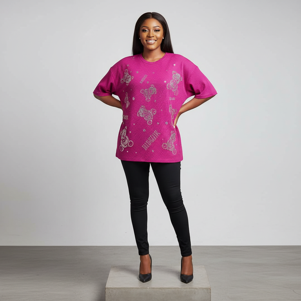 Nigerian female model front view - pink rhinestone Mickey motif top