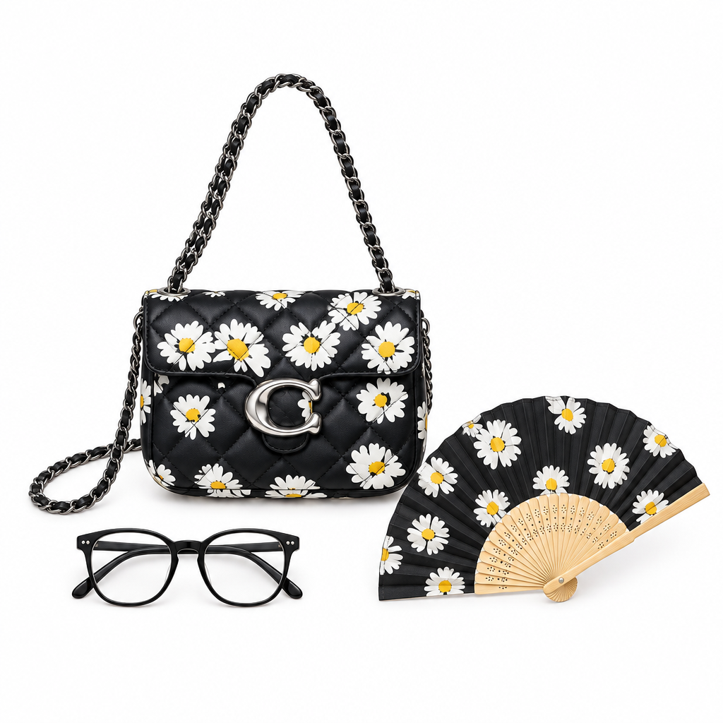 Black daisy quilted handbag eyeglasses and folding fan on white
