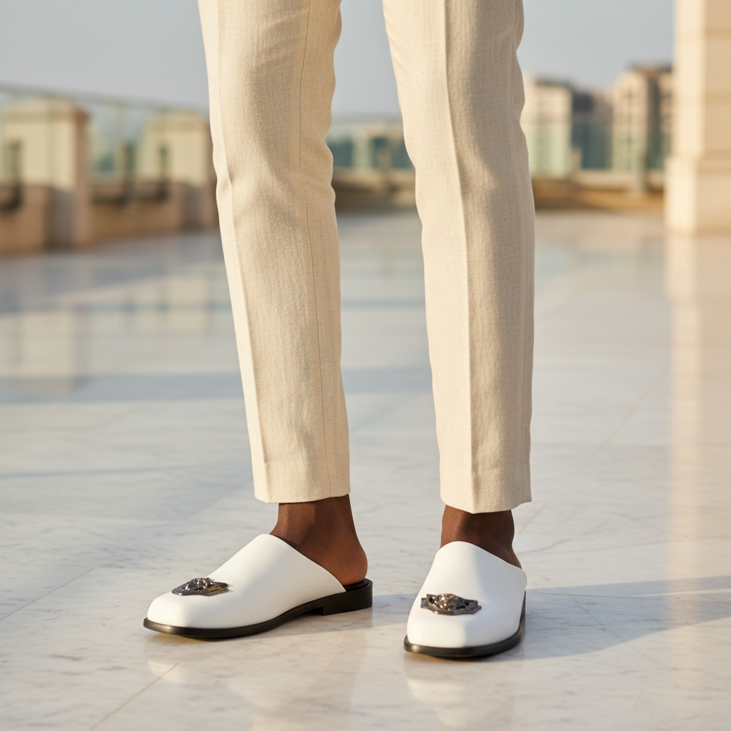 Nigerian male model wearing white leather lion badge half shoe mules, tight zoomed-in luxury leg focus lifestyle shot