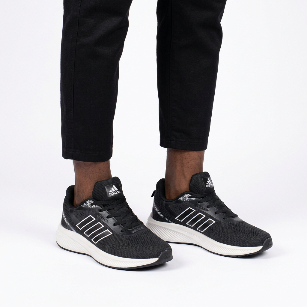 Black outline-stripe knit sneakers with white soles worn on both feet by a Black male model on white
