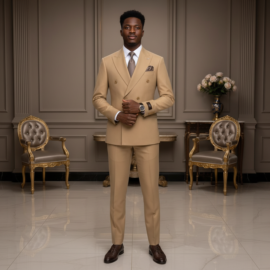 Camel double-breasted suit on Nigerian male model