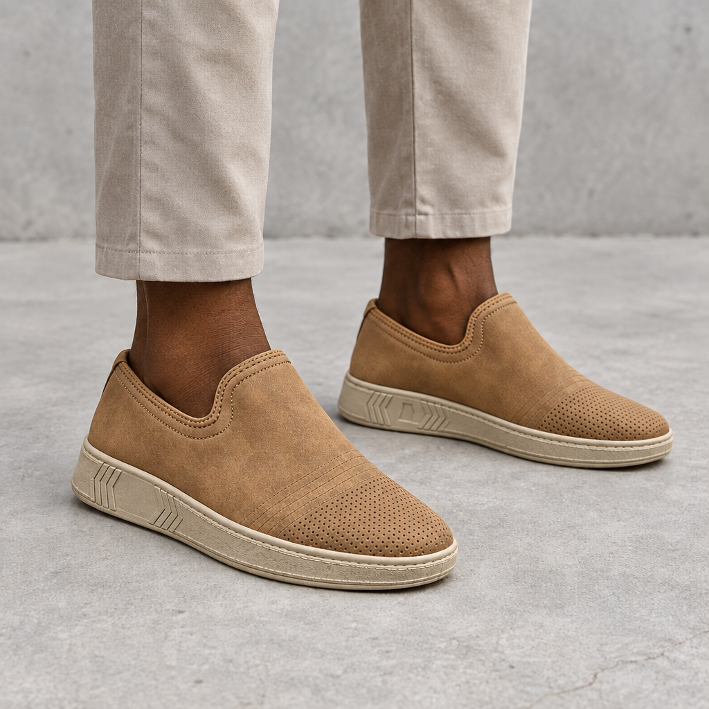 Men's tan perforated slip-on shoes with tonal soles worn on both feet