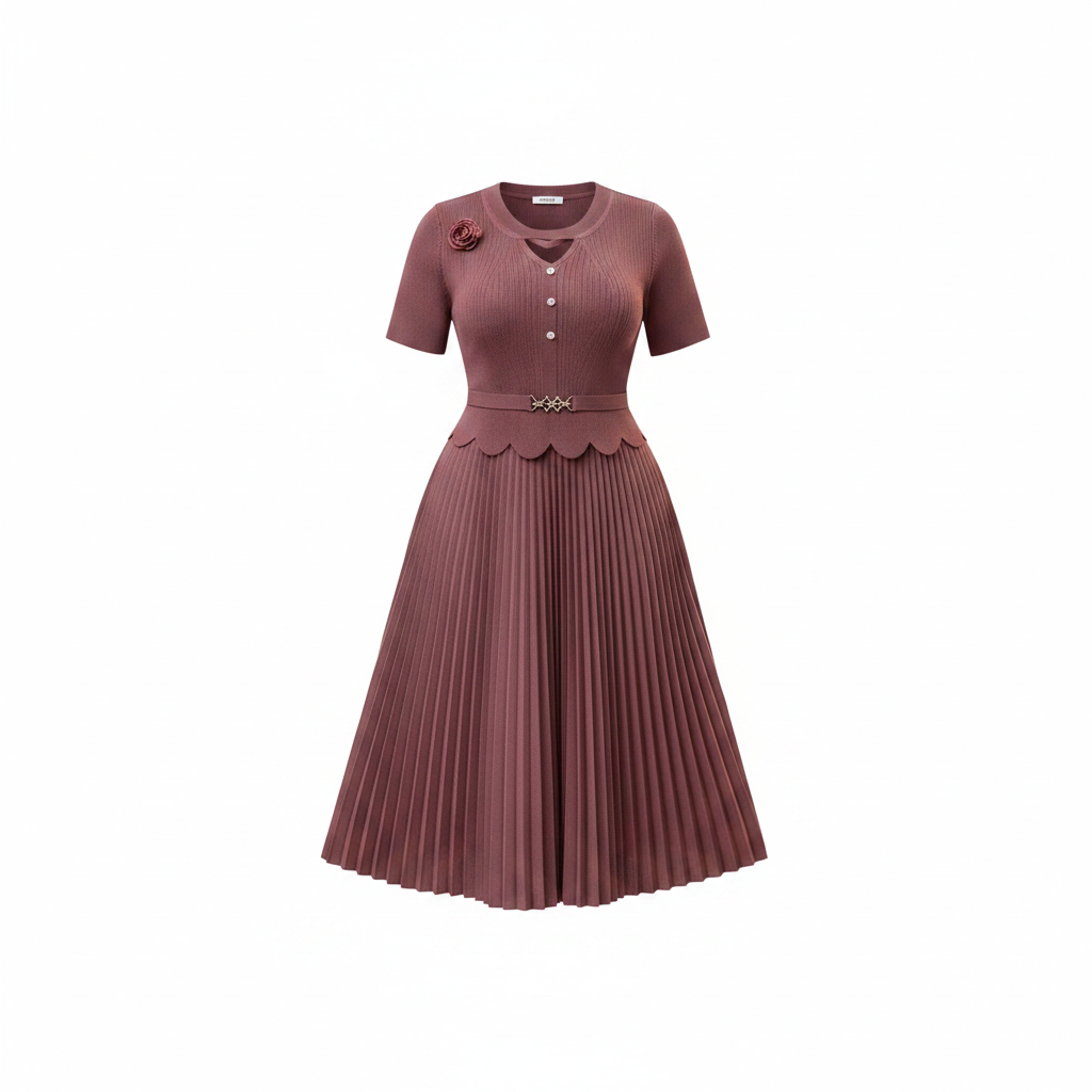 Women's Scallop-Hem Peplum Pleated Midi Dress - Ghost Mannequin Dusty Mauve