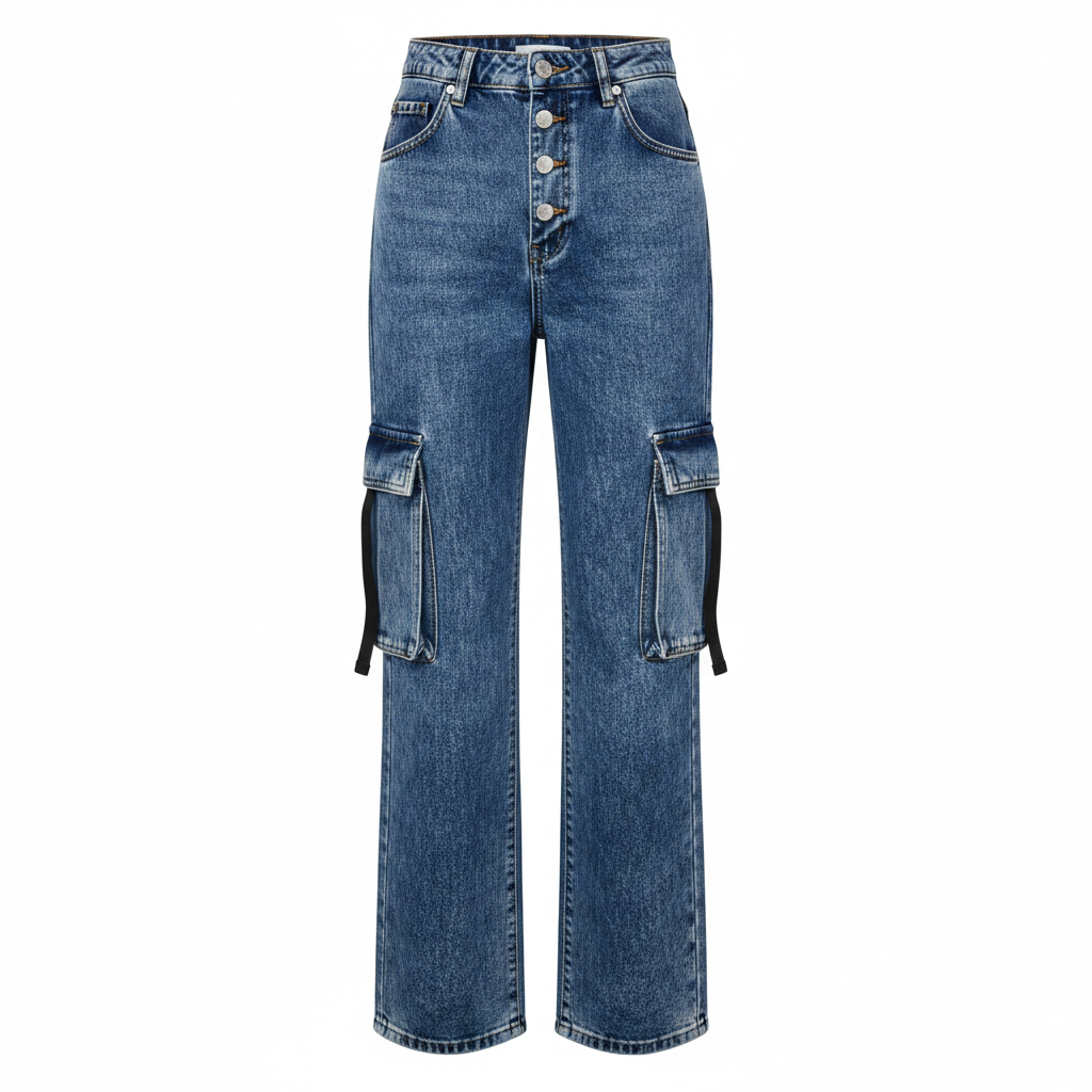 Blue Acid Wash High-Waist Wide-Leg Cargo Jeans – Ghost Mannequin Front