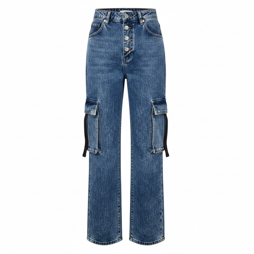 Blue Acid Wash High-Waist Wide-Leg Cargo Jeans – Ghost Mannequin Front