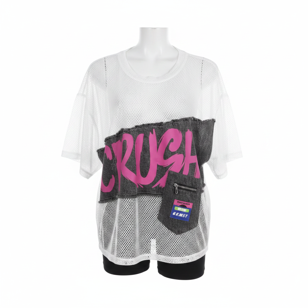 White Mesh Graffiti Patch Oversized Top - Ghost Mannequin Front View