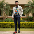 Young Gen Z Nigerian male model wearing black green-red stripe slide sandals in garden setting