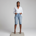 Light Blue Rhinestone Denim Shorts - Model Front