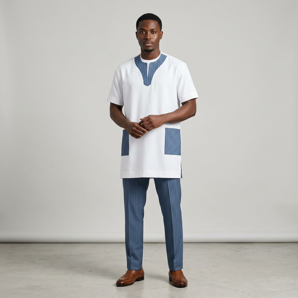 Nigerian man wearing white top and blue pinstripe trouser set