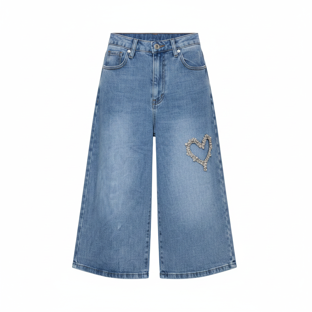 Blue Rhinestone Heart Capri Jeans – Front Ghost Mannequin