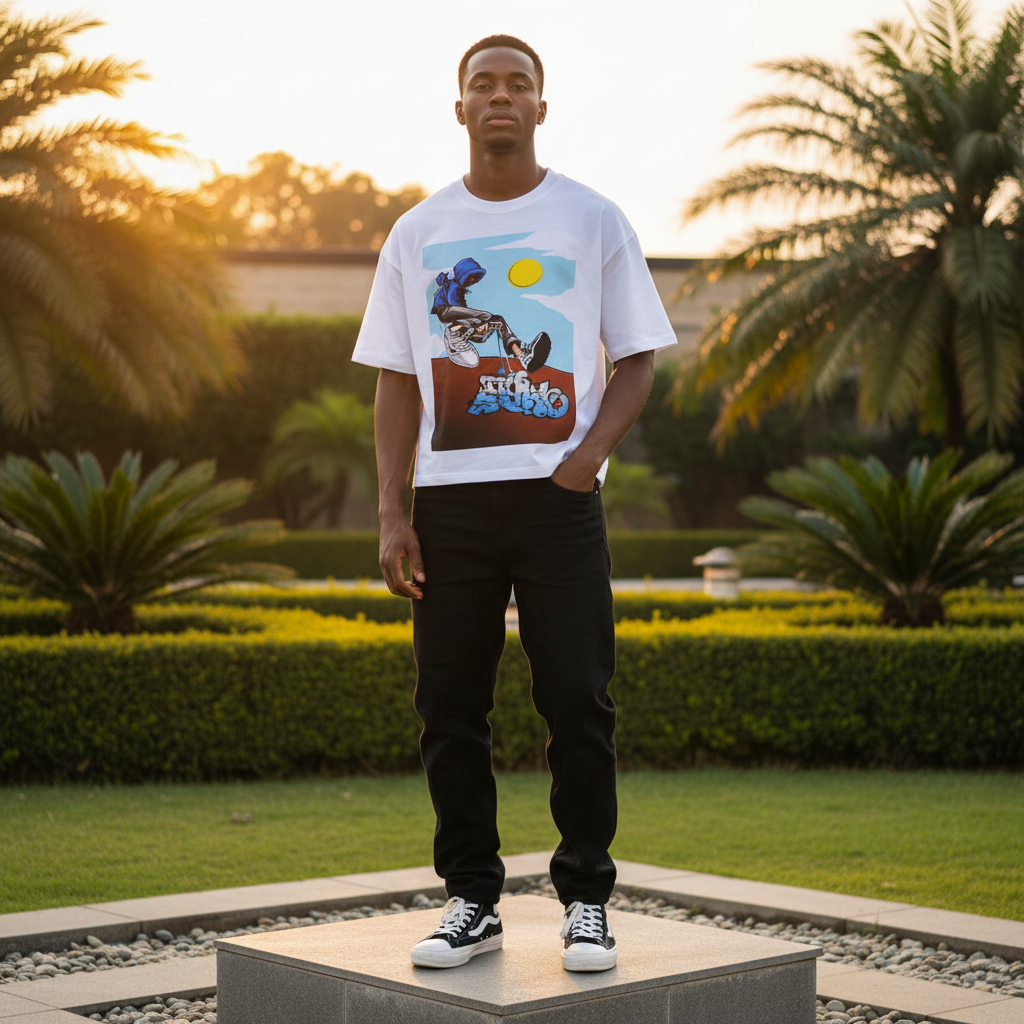 Men's White Cropped Oversized Skater Graphic T-Shirt – Nigerian Male Model Shot