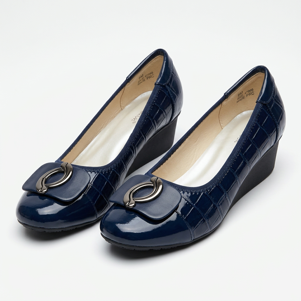 Matching navy oval-detail wedge shoes