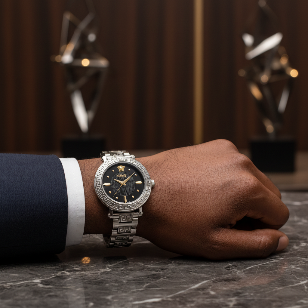 Nigerian man wearing all-silver Greek key bracelet watch with black dial, wrist close-up