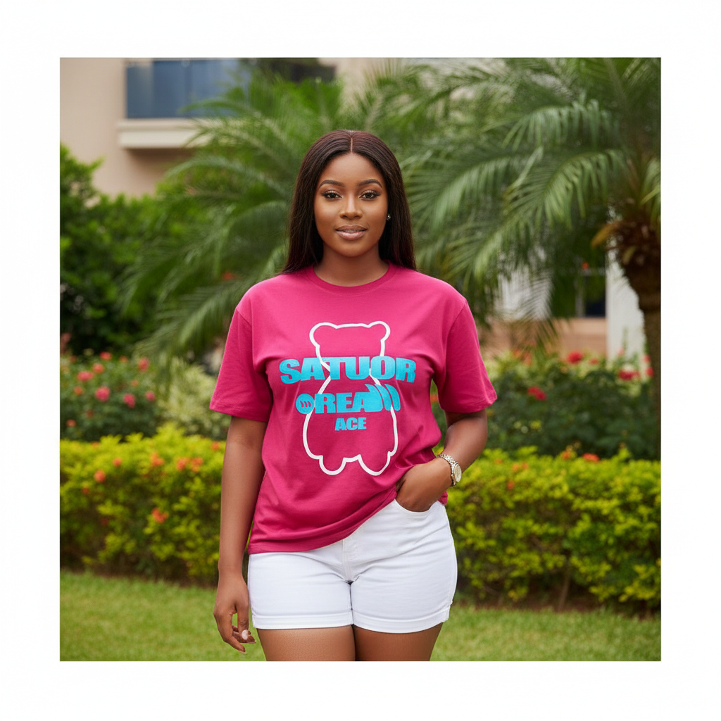 Women's hot pink bear outline cyan text graphic crew neck tee - model shot