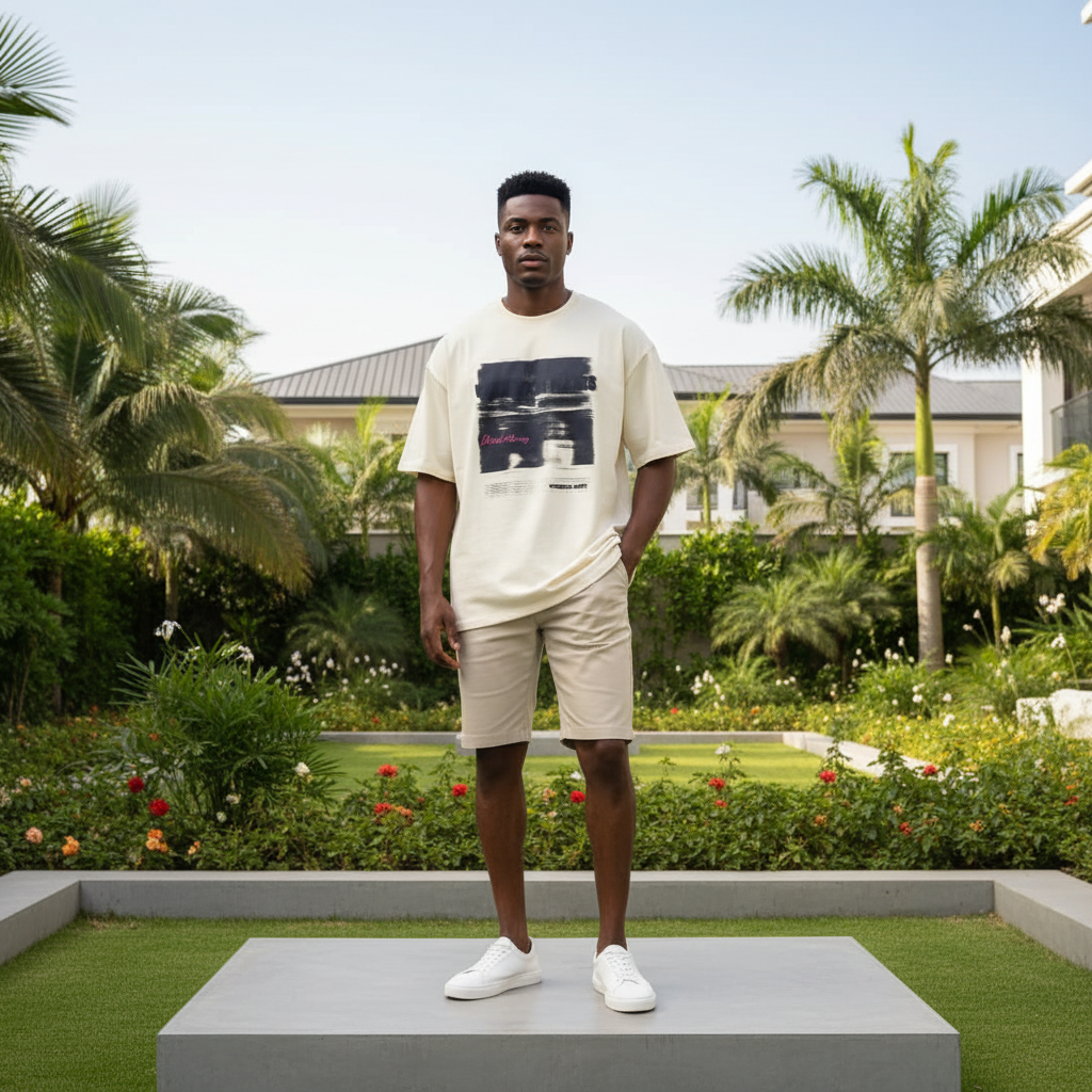 White Abstract Brush Stroke Graphic Short-Sleeved Shirt - Model Front