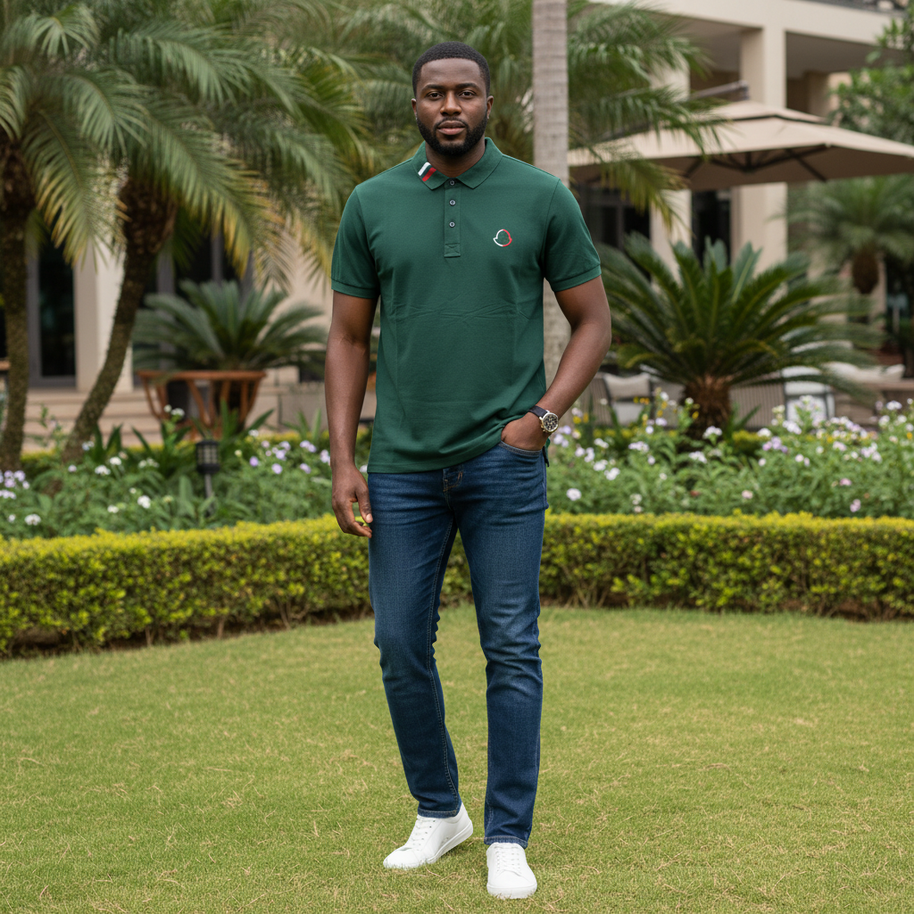 Nigerian male model wearing men's forest green polo shirt with tricolour striped collar, garden setting