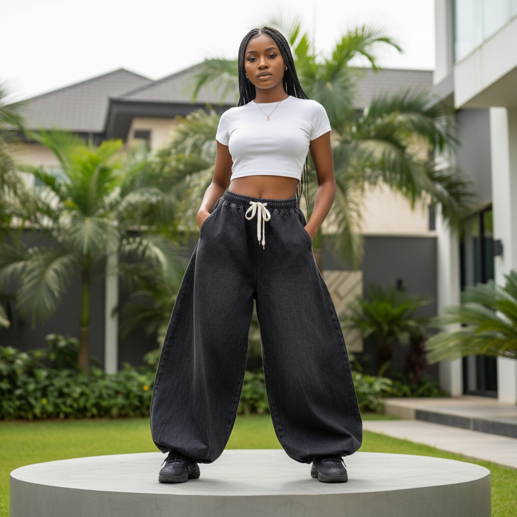 Nigerian female model wearing women's washed black super baggy wide-leg drawstring denim jeans, garden setting