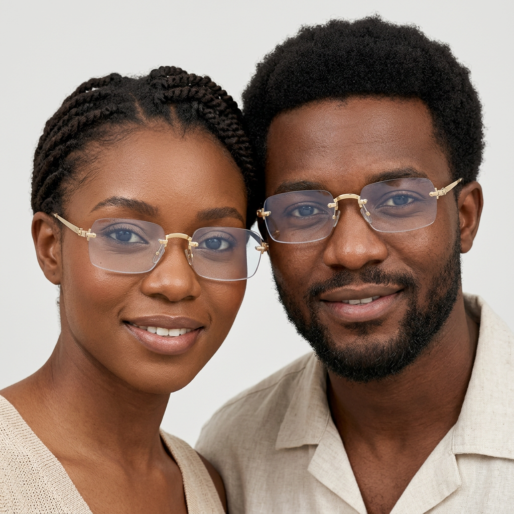 AI-generated adults wearing gold-tone rimless rectangular fashion eyeglasses