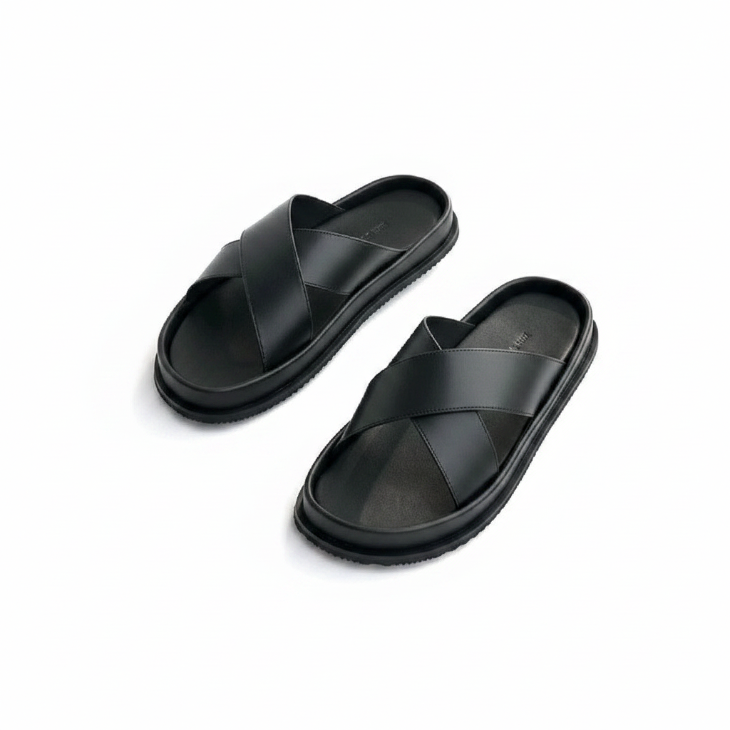 Men's black crossband leather slide slipper ghost mannequin pair