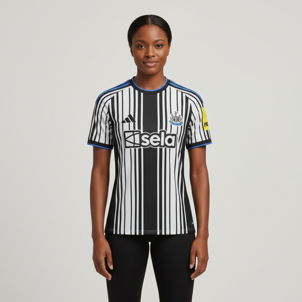 Nigerian female model wearing Newcastle United home jersey