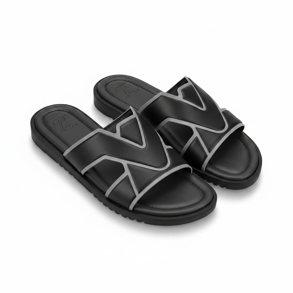Men's cross-strap slide slippers in black with grey trim - ghost mannequin pair shot
