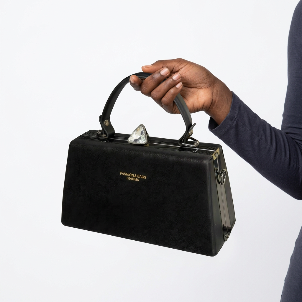 Hand-focused presentation of a black structured top-handle handbag