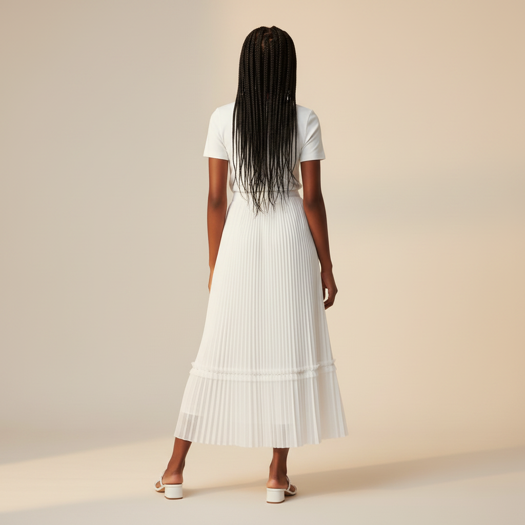 Nigerian girl wearing white pleated midi skirt - back view