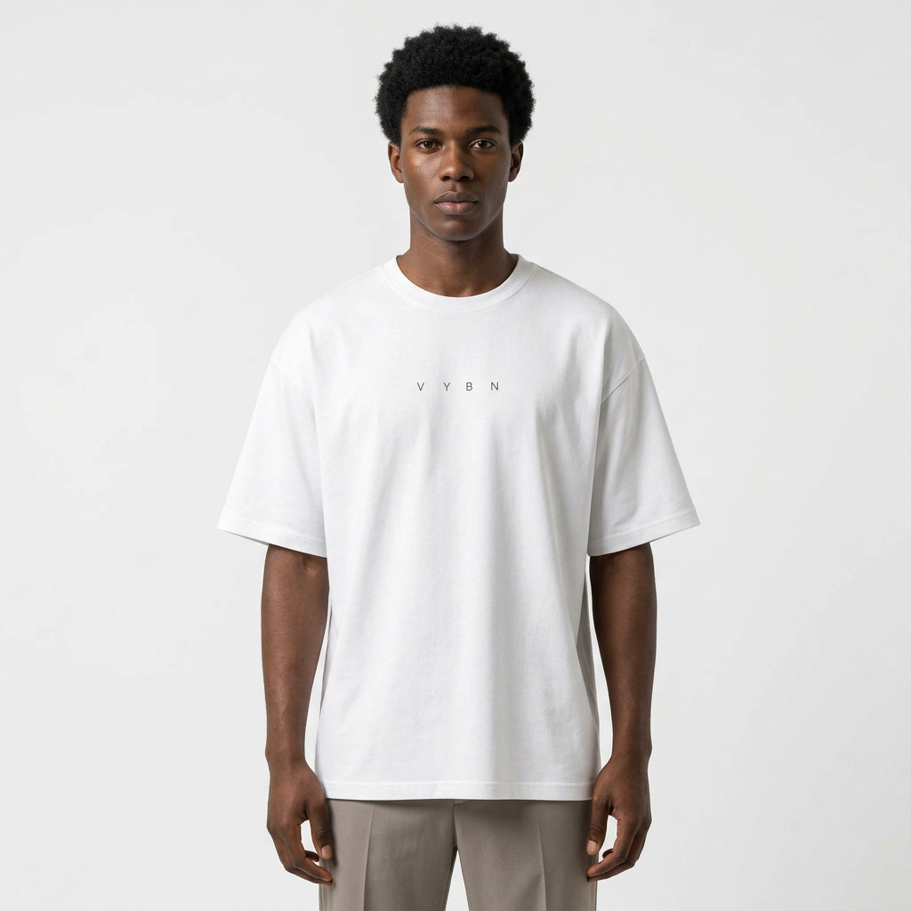 Model wearing white relaxed V Y B N T-shirt