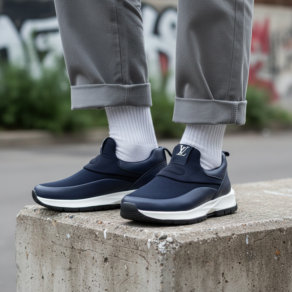 Model wearing navy blue mesh and leather slip-on sneakers with white sole leg shot