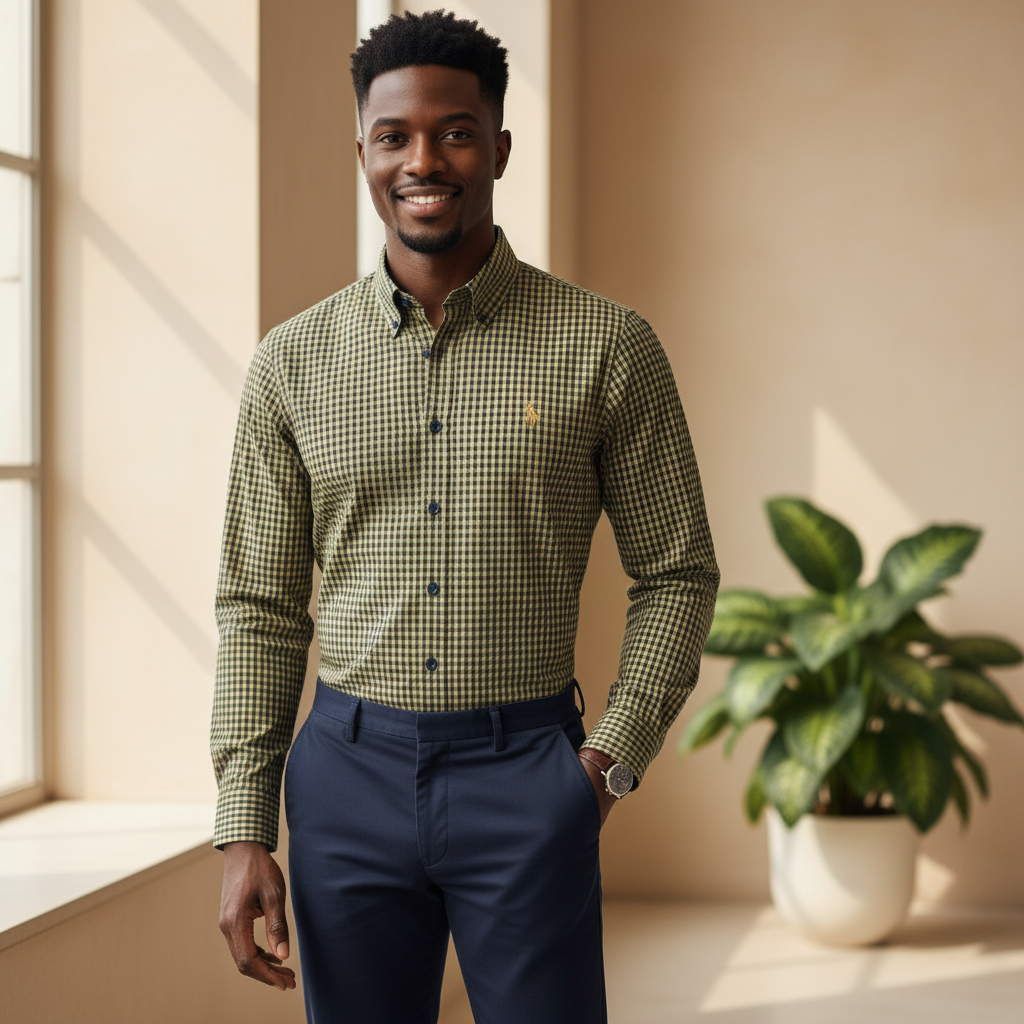 Nigerian model wearing Ralph Polo Olive Yellow Navy Gingham Check Shirt