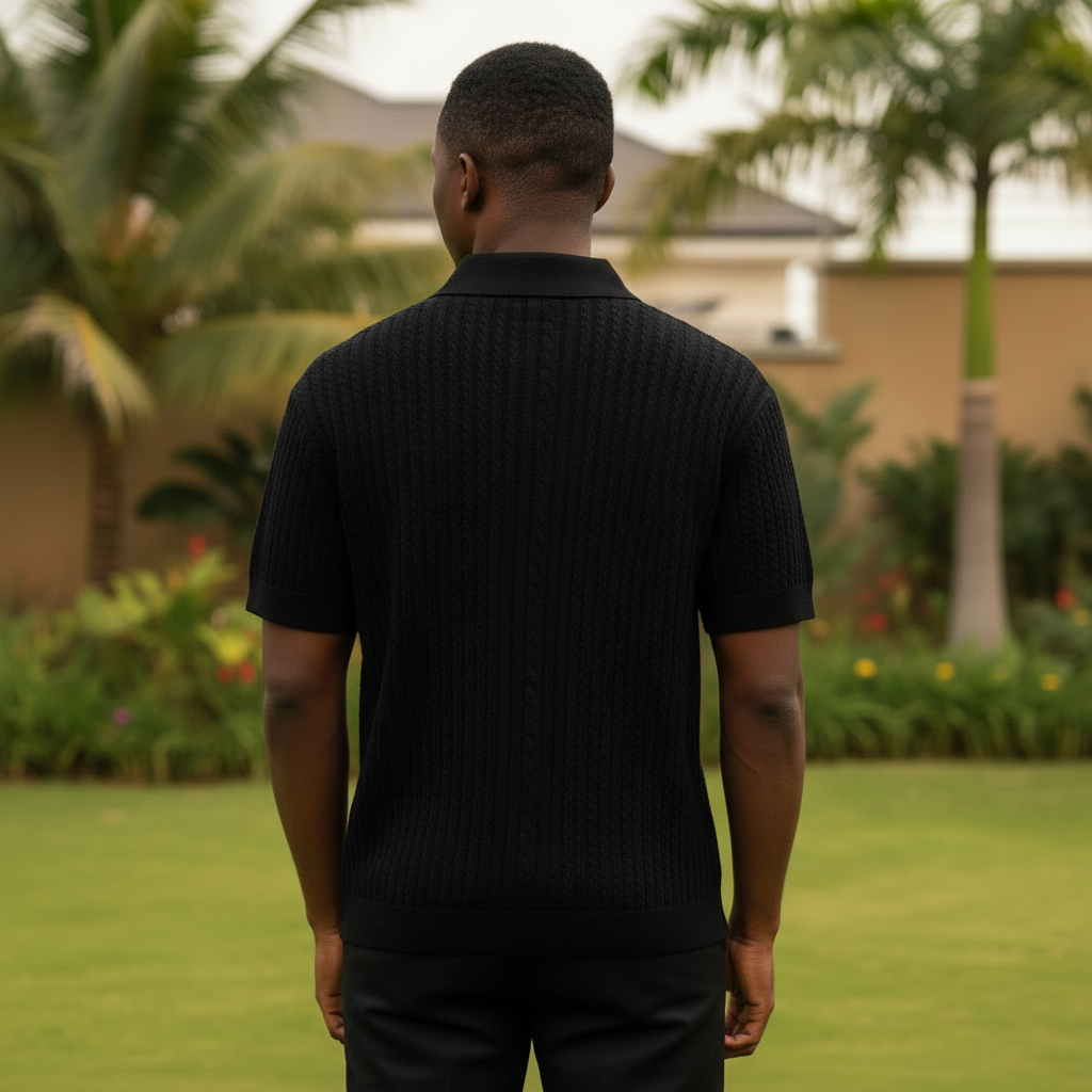 Black Knit Polo Shirt – Nigerian male model back view