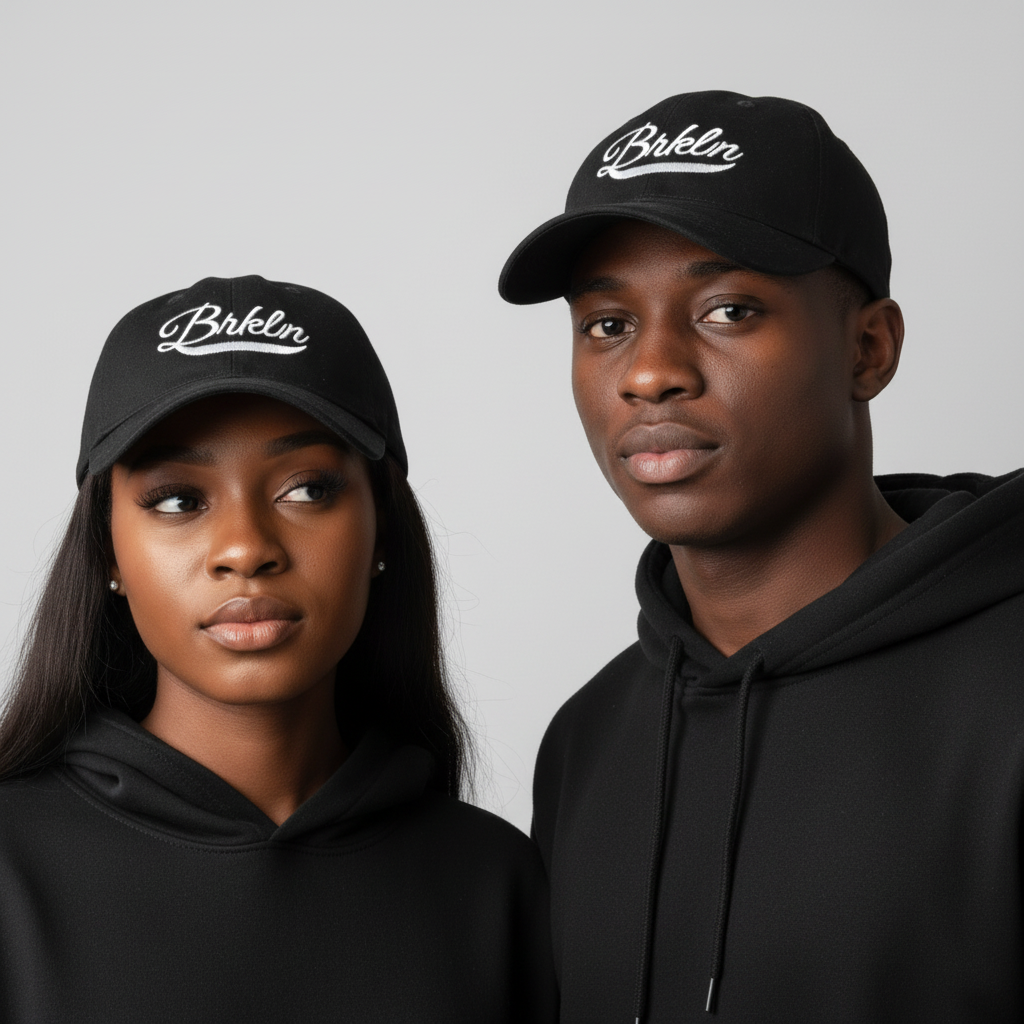 Nigerian female and male models wearing black script embroidered baseball cap