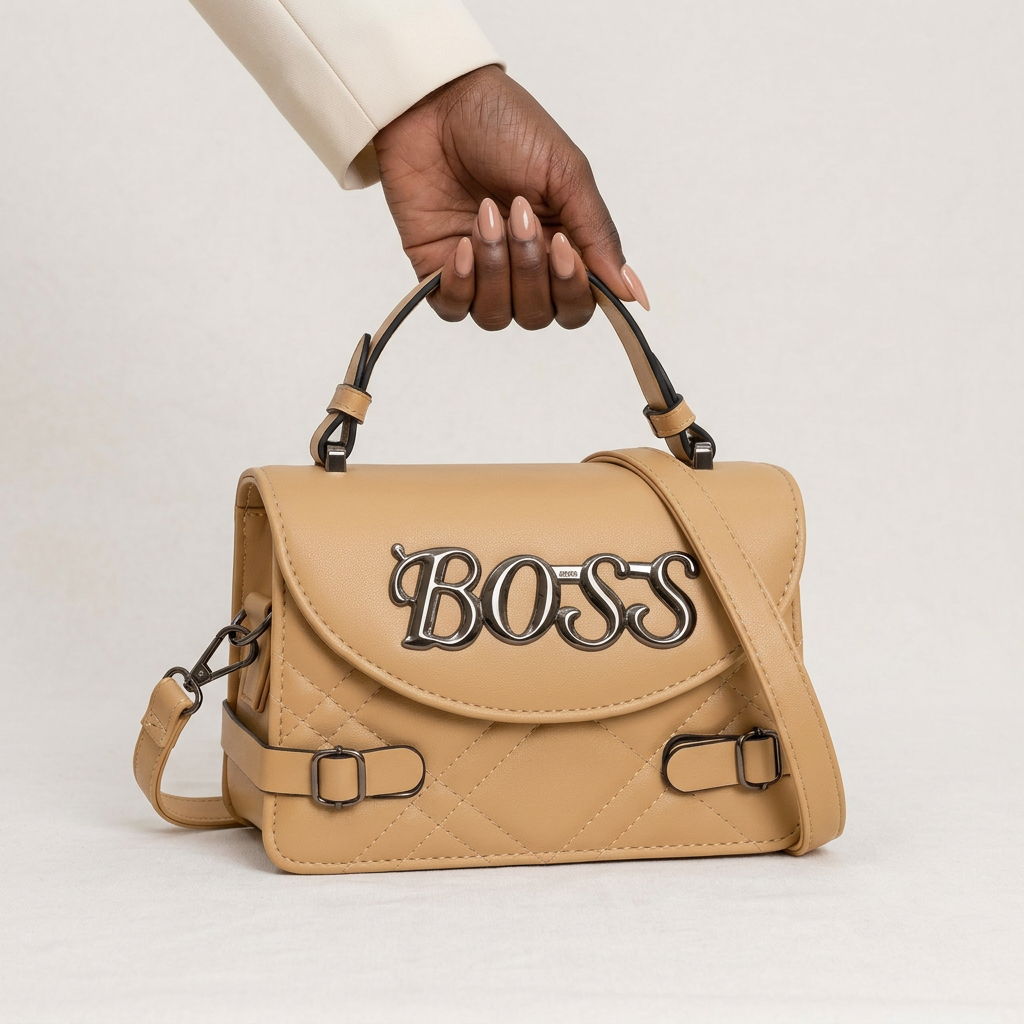 Beige quilted handbag held by a Black woman's hand with nude-painted nails and cream sleeve
