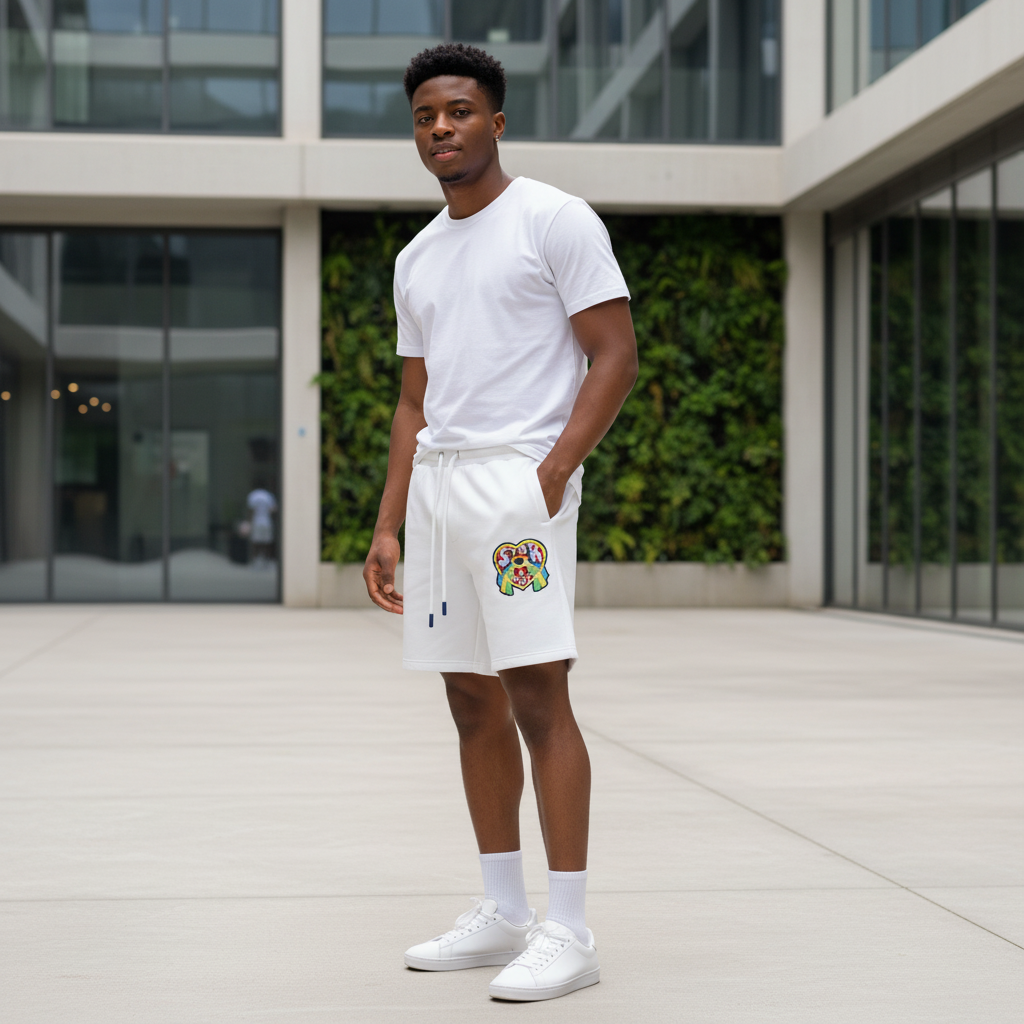 Young Nigerian male model wearing White Star Dust Graphic Shorts