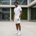 Young Nigerian male model wearing White Star Dust Graphic Shorts
