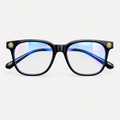 AI-generated black square fashion eyeglasses with gold-tone floral corner details