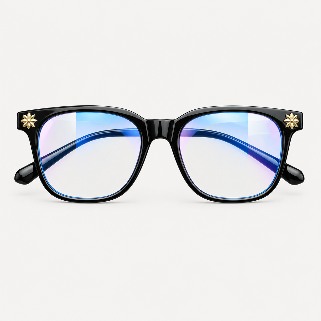 AI-generated black square fashion eyeglasses with gold-tone floral corner details