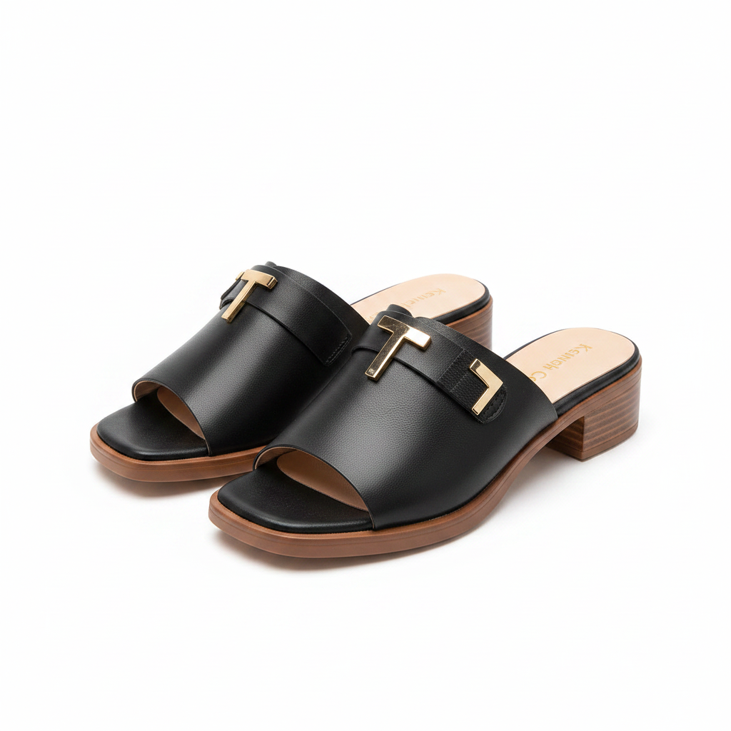 Ghost mannequin pair view of black leather T-bar block heel slide mules