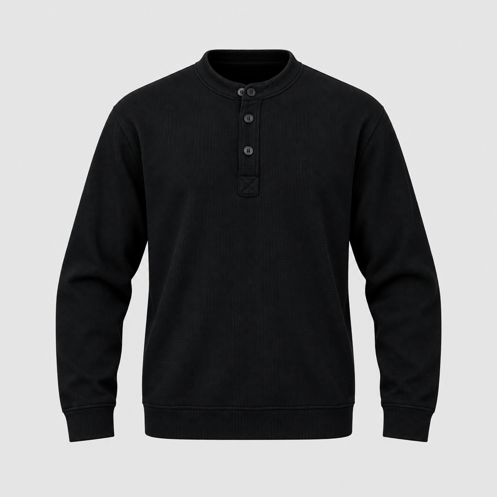 Ghost mannequin view of a black textured long-sleeve pullover with button neckline