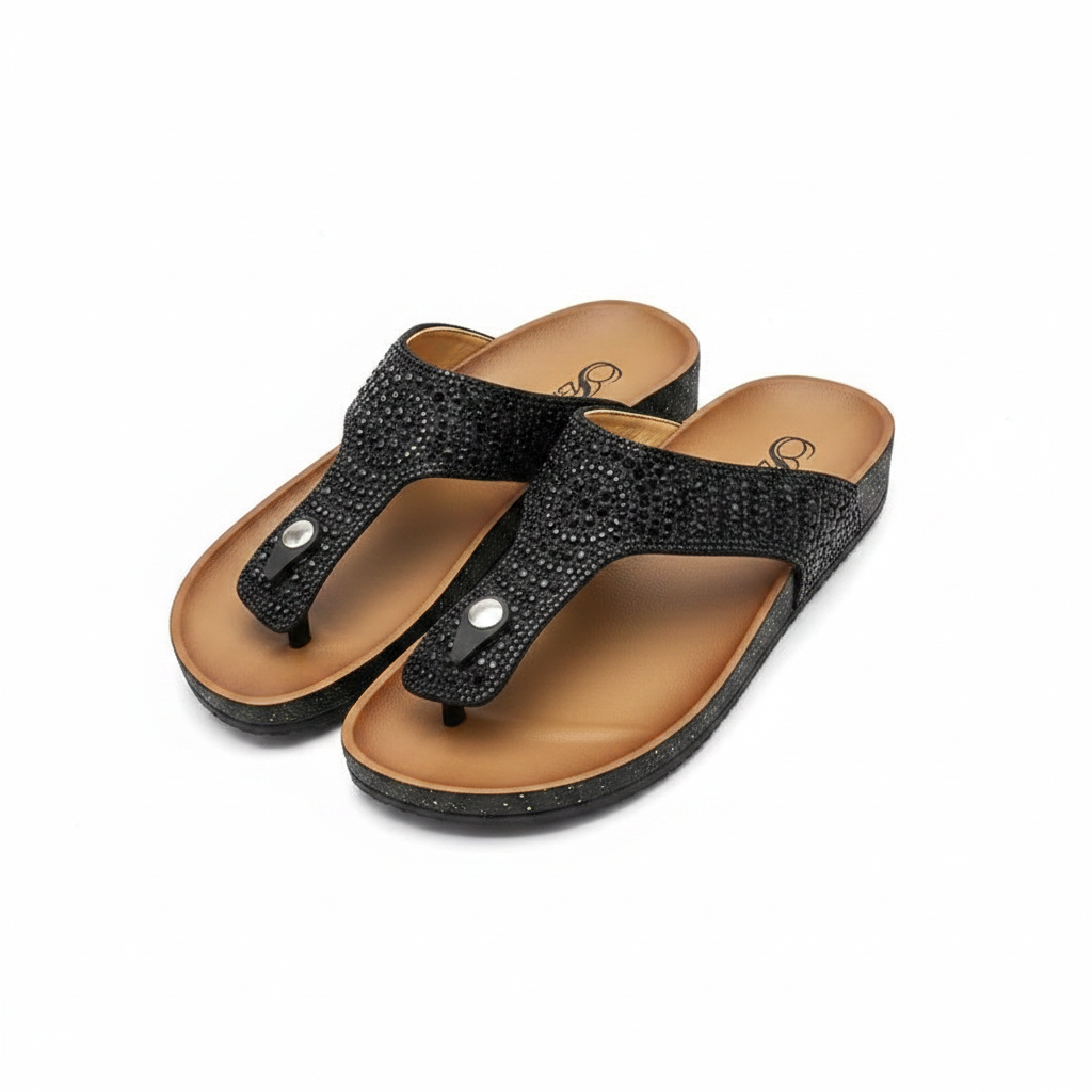 Women's Rhinestone Mandala T-Strap Thong Sandal - Black Ghost Mannequin