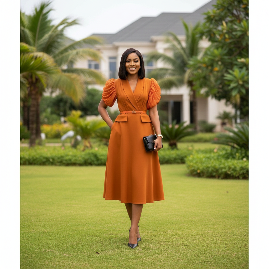 Women's puff-sleeve belted A-line midi dress in orange – Nigerian female model front view
