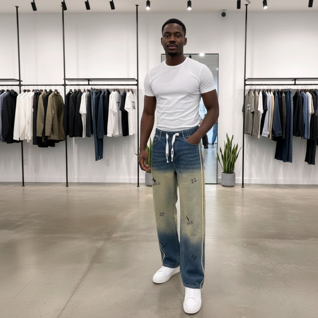 Nigerian male model wearing Men's Vintage Acid-Wash Baggy Denim Jeans with Side Stripe