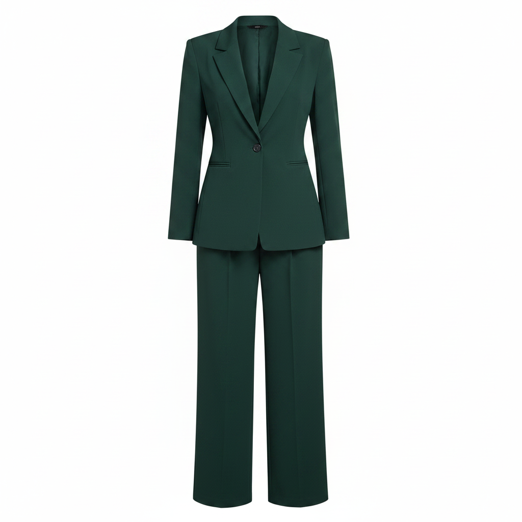 Women's forest green two-piece blazer suit set – ghost mannequin front view