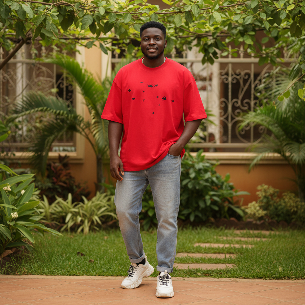 Men's Red Oversized Happy Bird Graphic Tee – Nigerian Male Model Shot