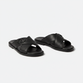 Men's black pebbled leather cross-strap slides – pair shot on white background