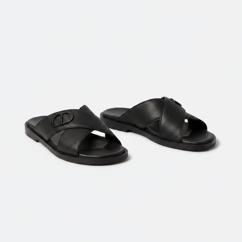 Men's black pebbled leather cross-strap slides – pair shot on white background